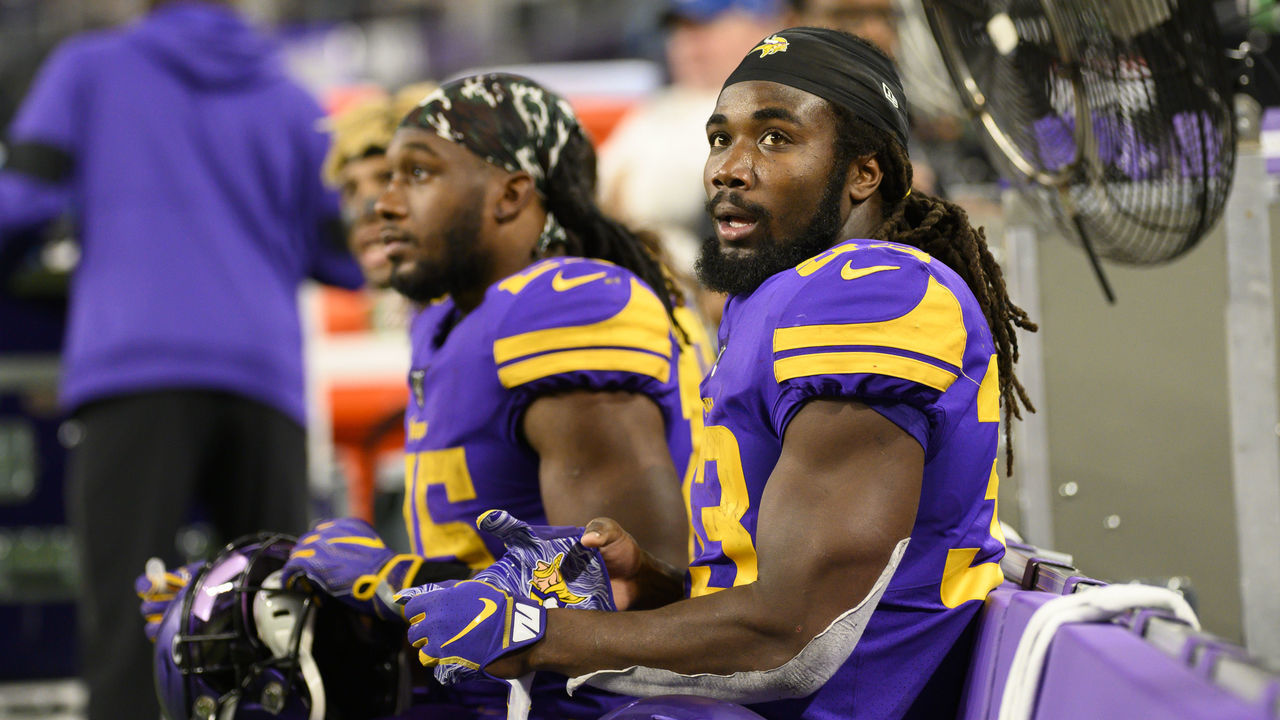 MINNEAPOLIS, MN - OCTOBER 24: Dalvin Cook #33 of the Minnesota Vikings sits on the bench after scoring a touchdown in the second quarter of the game against the Washington Redskins at U.S. Bank Stadium on October 24, 2019 in Minneapolis, Minnesota.