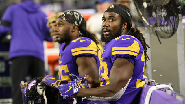 MINNEAPOLIS, MN - OCTOBER 24: Dalvin Cook #33 of the Minnesota Vikings sits on the bench after scoring a touchdown in the second quarter of the game against the Washington Redskins at U.S. Bank Stadium on October 24, 2019 in Minneapolis, Minnesota.