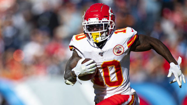 NASHVILLE, TN - NOVEMBER 10: Tyreek Hill #10 of the Kansas City Chiefs runs with the ball during the second quarter against the Tennessee Titans at Nissan Stadium on November 10, 2019 in Nashville, Tennessee. Tennessee defeats Kansas City 35-32.