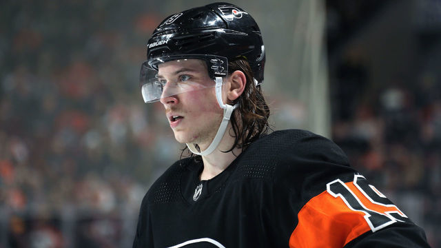 PHILADELPHIA, PA - MARCH 23: Nolan Patrick #19 of the Philadelphia Flyers looks on against the New York Islanders on March 23, 2019 at the Wells Fargo Center in Philadelphia, Pennsylvania.