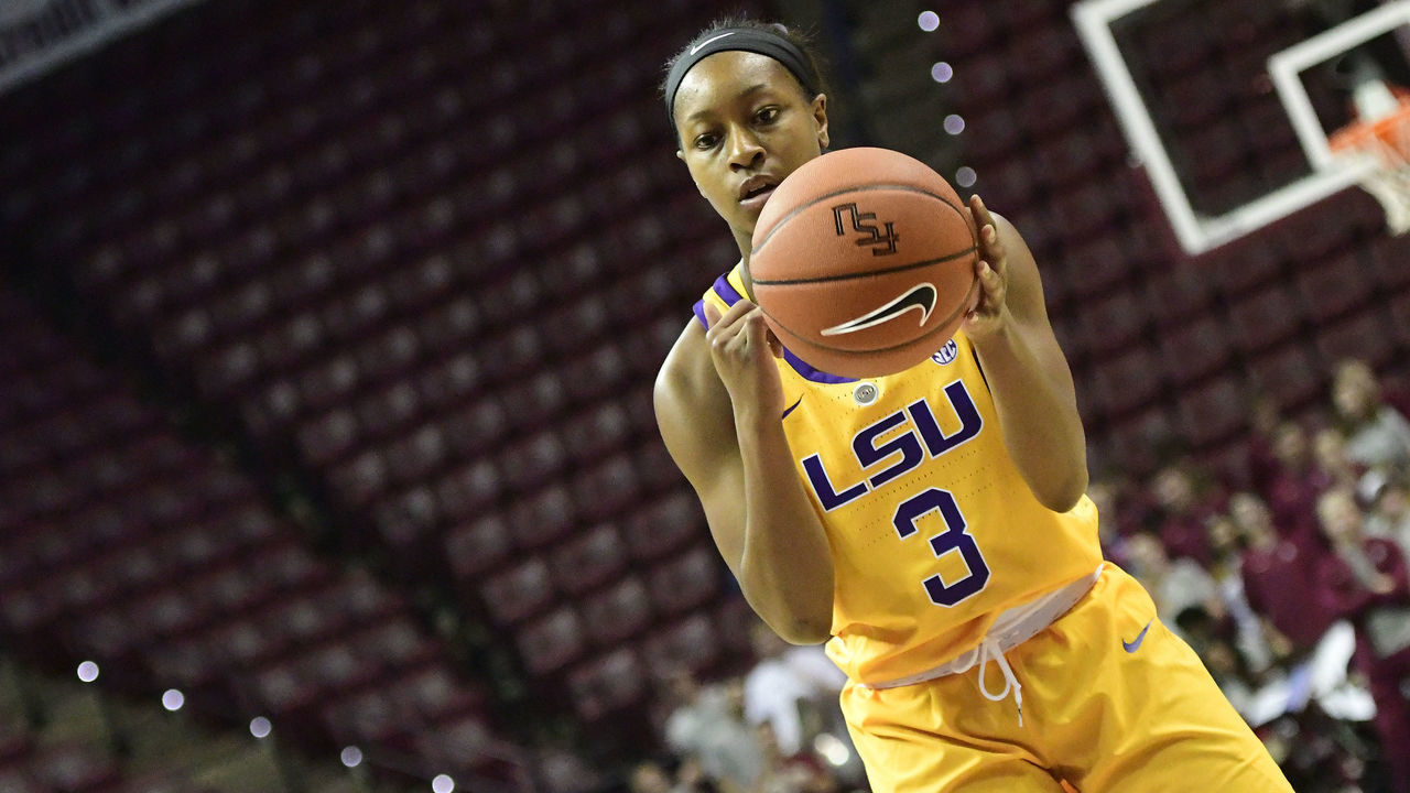 TALLAHASSEE, FL - NOVEMBER 18: Khayla Pointer (3) guard Louisiana State University (LSU) Tigers attempts a free throw against Florida State University (FSU) Seminoles, Sunday, November 18, 2018, at the Donald L. Tucker Center in Tallahassee, Florida.