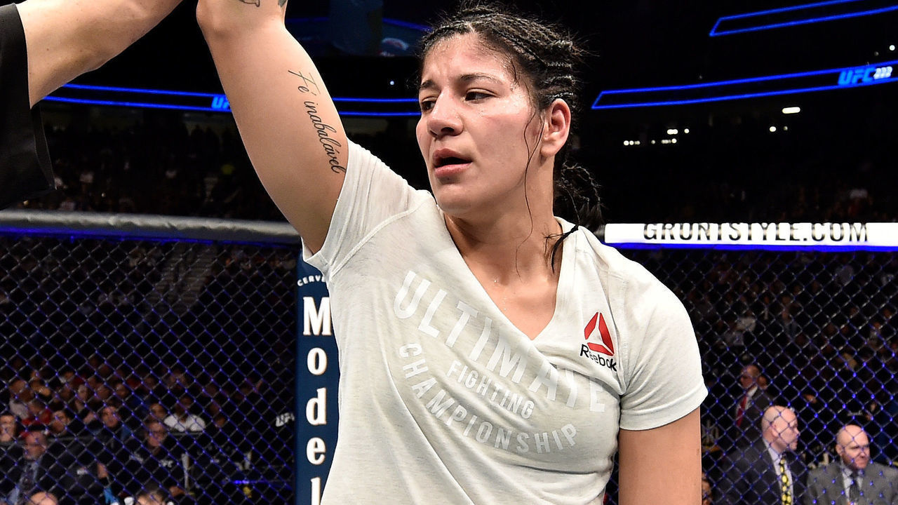 LAS VEGAS, NV - MARCH 03: Ketlen Vieira of Brazil celebrates after her split-decision victory over Cat Zingano in their women's bantamweight bout during the UFC 222 event inside T-Mobile Arena on March 3, 2018 in Las Vegas, Nevada.