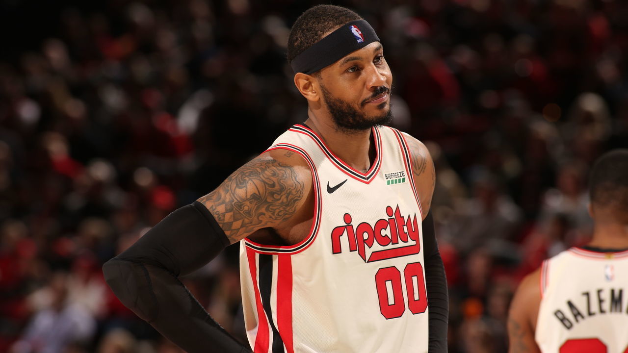 PORTLAND, OR - NOVEMBER 29: Carmelo Anthony #00 of the Portland Trail Blazers looks on against the Chicago Bulls on November 29, 2019 at the Moda Center in Portland, Oregon. Mandatory Copyright Notice: Copyright 2019 NBAE