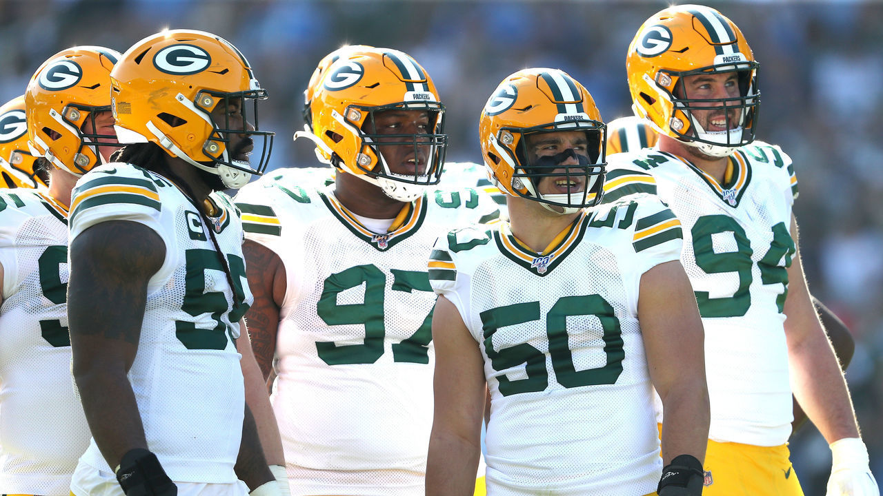 CARSON, CALIFORNIA - NOVEMBER 03: Blake Martinez #50, Kenny Clark #97, Za'Darius Smith #55 and Dean Lowry #94 of the Green Bay Packers look on during the second half of a game against the Los Angeles Chargers at Dignity Health Sports Park on November 03, 2019 in Carson, California.