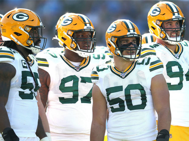 CARSON, CALIFORNIA - NOVEMBER 03: Blake Martinez #50, Kenny Clark #97, Za'Darius Smith #55 and Dean Lowry #94 of the Green Bay Packers look on during the second half of a game against the Los Angeles Chargers at Dignity Health Sports Park on November 03, 2019 in Carson, California.
