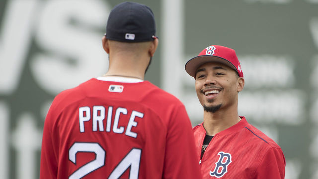 BOSTON, MA - MAY 23: Mookie Betts #50 of the Boston Red Sox talks with David Price #24 before a game against the Texas Rangers on May 23, 2017 at Fenway Park in Boston, Massachusetts.