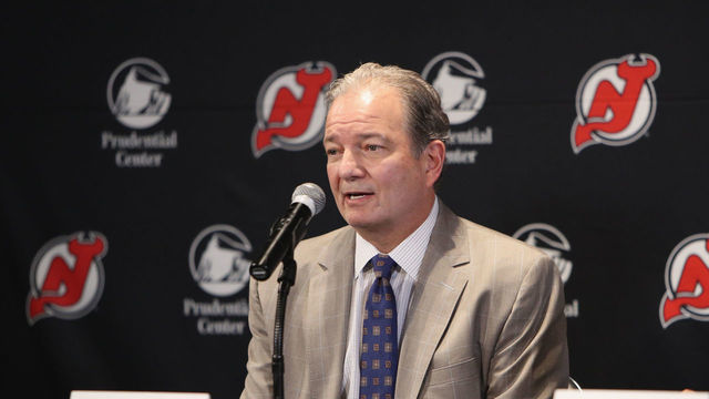 NEWARK, NEW JERSEY - SEPTEMBER 20: Ray Shero addresses the media prior to the game between the New Jersey Devils and the New York Rangers at the Prudential Center on September 20, 2019 in Newark, New Jersey.