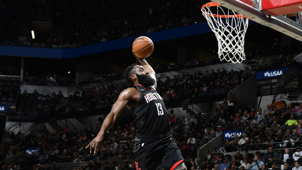 SAN ANTONIO, TX - DECEMBER 3: James Harden #13 of the Houston Rockets dunks the ball against the San Antonio Spurs on December 3, 2019 at the AT&T Center in San Antonio, Texas. Mandatory Copyright Notice: Copyright 2019 NBAE (Photos by Logan Riely/NBAE via Getty Images)