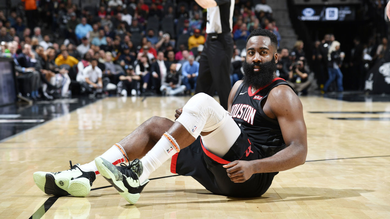 SAN ANTONIO, TX - DECEMBER 3: James Harden #13 of the Houston Rockets looks on during a game against the San Antonio Spurs on December 3, 2019 at the AT&T Center in San Antonio, Texas. Mandatory Copyright Notice: Copyright 2019 NBAE (Photos by Logan Riely/NBAE via Getty Images)