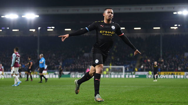 BURNLEY, ENGLAND - DECEMBER 03: City striker Gabriel Jesus celebrates after scoring the first goal during the Premier League match between Burnley FC and Manchester City at Turf Moor on December 03, 2019 in Burnley, United Kingdom.