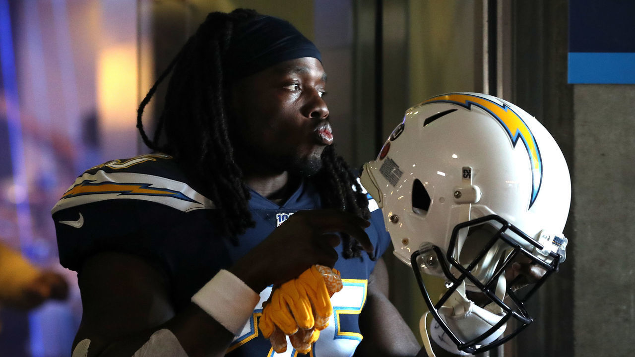 CARSON, CALIFORNIA - NOVEMBER 03: Melvin Gordon #25 of the Los Angeles Chargers walks onto the field prior to the first half of a game against the Green Bay Packers at Dignity Health Sports Park on November 03, 2019 in Carson, California.