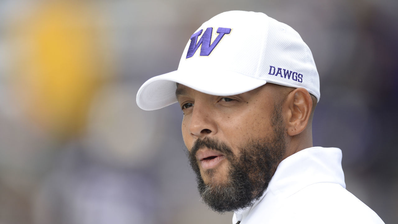 SEATTLE, WA - SEPTEMBER 28: UW defensive coordinator Jimmy Lake looks on before a PAC12 Conference game between the Washington Huskies and the USC Trojans on September 28, 2019, at Husky Stadium in Seattle, WA.