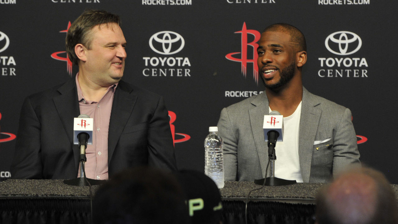 HOUSTON, TX - JULY 14: General Manager Daryl Morey of the Houston Rockets introduces Chris Paul as he speaks to the media during a press conference on July 14, 2017 at the Toyota Center in Houston, Texas. NOTE TO USER: User expressly acknowledges and agrees that, by downloading and/or using this photograph, user is consenting to the terms and conditions of the Getty Images License Agreement. Mandatory Copyright Notice: Copyright 2017 NBAE