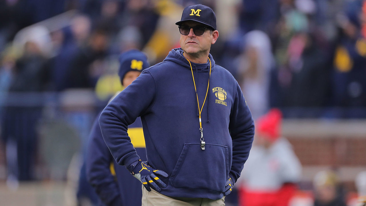 ANN ARBOR, MI - NOVEMBER 30: Michigan Wolverines Head Football Coach Jim Harbaugh watches the pregame warmups prior to the start of the game against the Ohio State Buckeyes at Michigan Stadium on November 30, 2019 in Ann Arbor, Michigan.