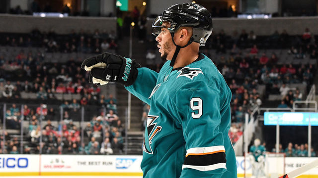 SAN JOSE, CA - DECEMBER 3: Evander Kane #9 of the San Jose Sharks celebrates scoring a goal against the Washington Capitals at SAP Center on December 3, 2019 in San Jose, California.