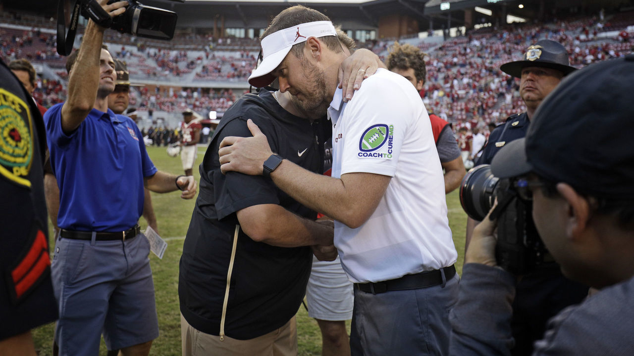 NORMAN, OK - SEPTEMBER 29: Head Coach Lincoln Riley of the Oklahoma Sooners meets head coach Matt Rhule of the Baylor Bears after the game at Gaylord Family Oklahoma Memorial Stadium on September 29, 2018 in Norman, Oklahoma. Oklahoma defeated Baylor 66-33.