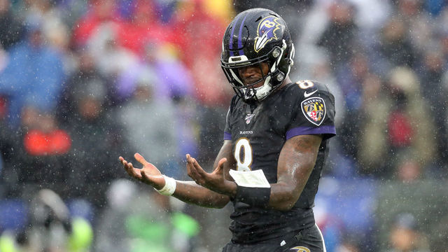 BALTIMORE, MARYLAND - DECEMBER 01: Quarterback Lamar Jackson #8 of the Baltimore Ravens looks on against the San Francisco 49ers in the first half at M&T Bank Stadium on December 01, 2019 in Baltimore, Maryland.