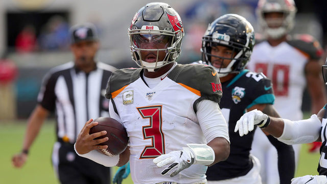 JACKSONVILLE, FL - DECEMBER 01: Jameis Winston (3) of the Bucs scrambles for yardage during the regular season game between the Tampa Bay Buccaneers and the Jacksonville Jaguars on December 01, 2019 at TIAA Bank Field in Jacksonville, FL.