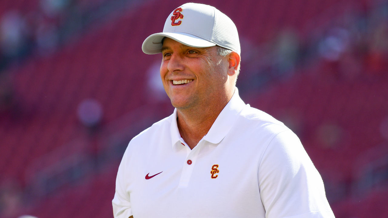 LOS ANGELES, CA - NOVEMBER 23: USC Trojans head coach Clay Helton looks on during a college football game between the UCLA Bruins and the USC Trojans on November 23, 2019, at Los Angeles Memorial Coliseum in Los Angeles, CA.