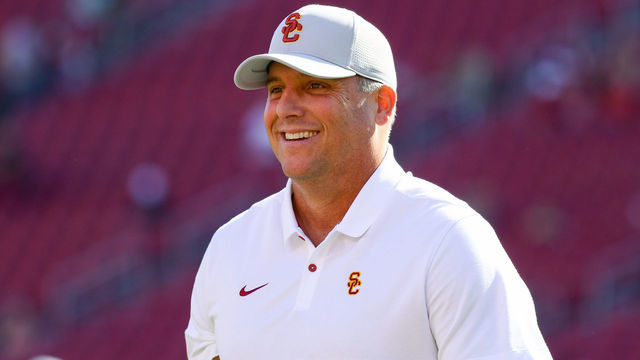 LOS ANGELES, CA - NOVEMBER 23: USC Trojans head coach Clay Helton looks on during a college football game between the UCLA Bruins and the USC Trojans on November 23, 2019, at Los Angeles Memorial Coliseum in Los Angeles, CA.