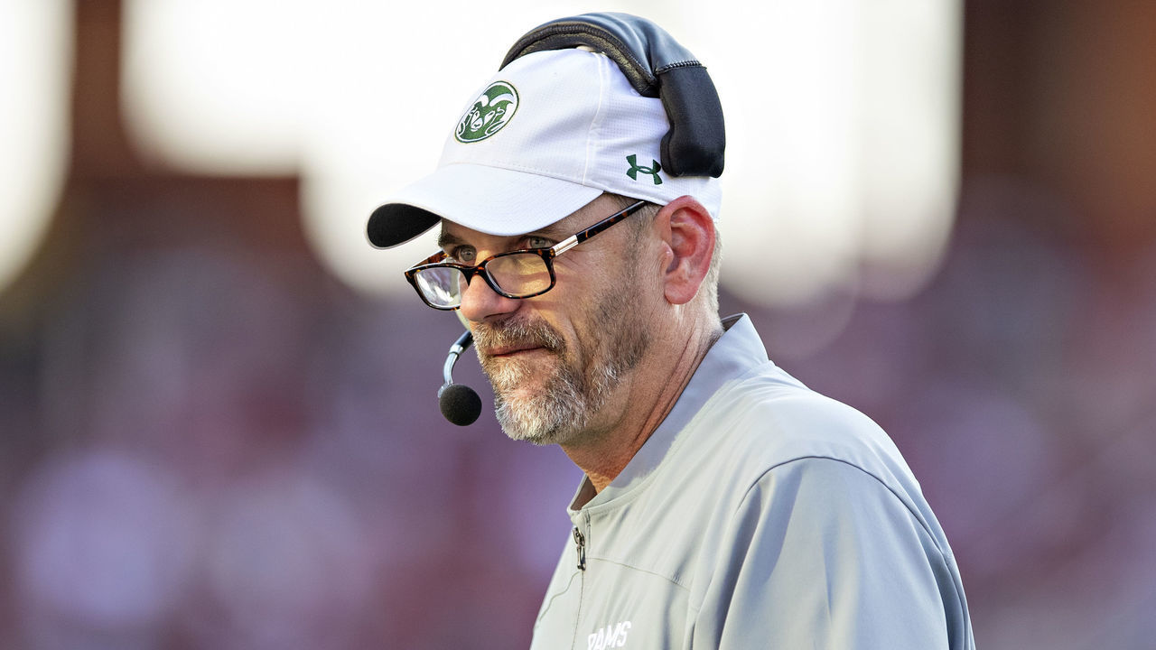FAYETTEVILLE, AR - SEPTEMBER 14: Head Coach Mike Bobo of the Colorado State Rams on the sidelines during a game against the Arkansas Razorbacks at Razorback Stadium on September 14, 2019 in Fayetteville, Arkansas. The Razorbacks defeated the Rams 55-34.