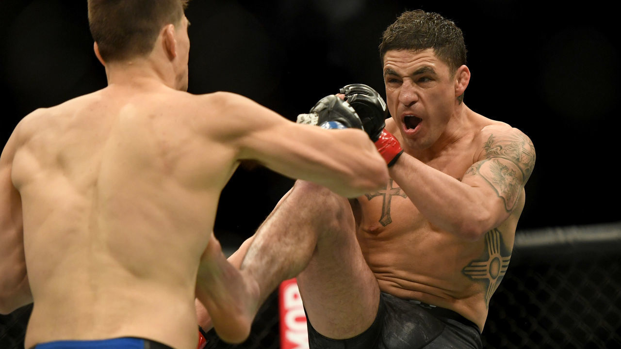 LAS VEGAS, CA - MARCH 02: Diego Sanchez lands a kick to the body of Mickey Gall. Sanchez defeated Gall via second round TKO during UFC 235 at the T-Mobile Arena in Las Vegas, NV, Saturday, Mar. 2, 2019.