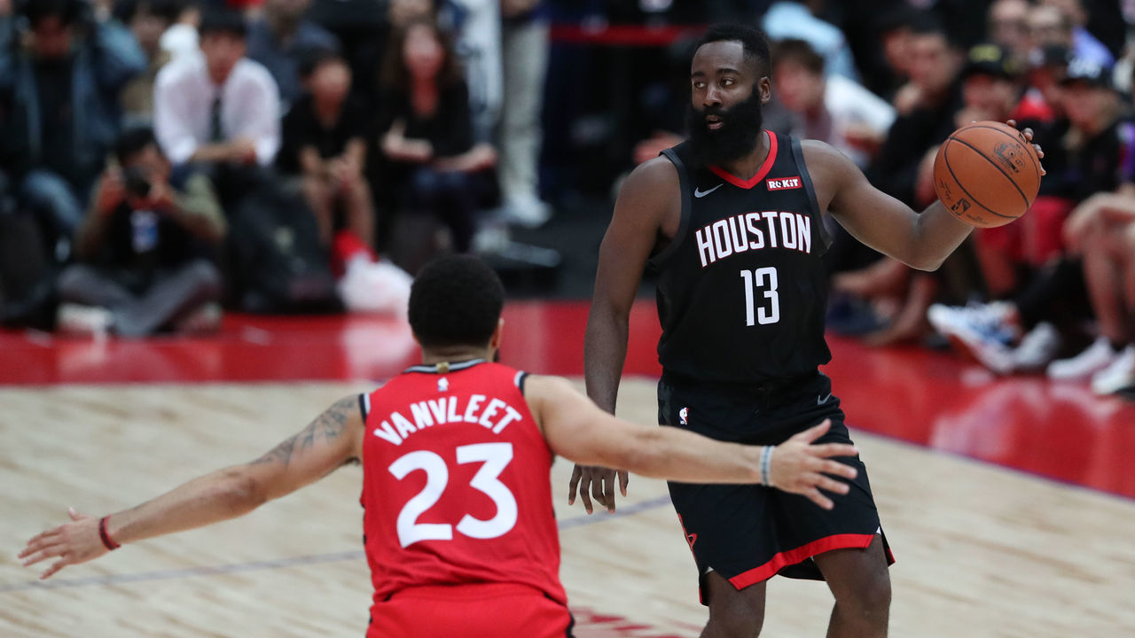 SAITAMA, JAPAN - OCTOBER 08: James Harden #13 of Houston Rockets handles the ball against Fred VanVleet #23 of Toronto Raptors during the preseason game between Houston Rockets and Toronto Raptors at Saitama Super Arena on October 08, 2019 in Saitama, Japan. NOTE TO USER: User expressly acknowledges and agrees that, by downloading and/or using this photograph, user is consenting to the terms and conditions of the Getty Images License Agreement.