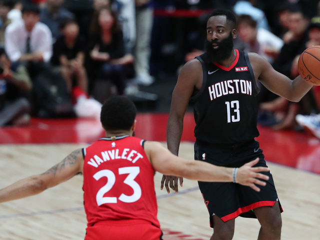 SAITAMA, JAPAN - OCTOBER 08: James Harden #13 of Houston Rockets handles the ball against Fred VanVleet #23 of Toronto Raptors during the preseason game between Houston Rockets and Toronto Raptors at Saitama Super Arena on October 08, 2019 in Saitama, Japan. NOTE TO USER: User expressly acknowledges and agrees that, by downloading and/or using this photograph, user is consenting to the terms and conditions of the Getty Images License Agreement.