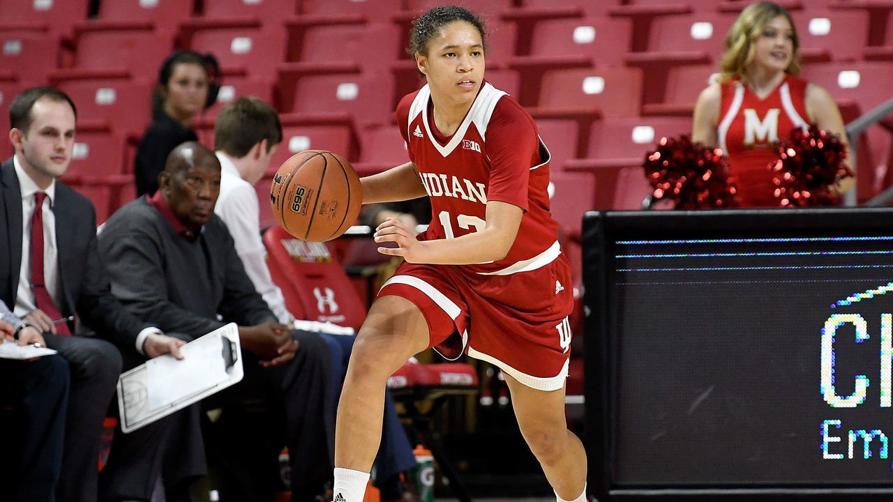 COLLEGE PARK, MD - JANUARY 16: Jaelynn Penn #13 of the Indiana Hoosiers handles the ball against the Maryland Terrapins at Xfinity Center on January 16, 2018 in College Park, Maryland.
