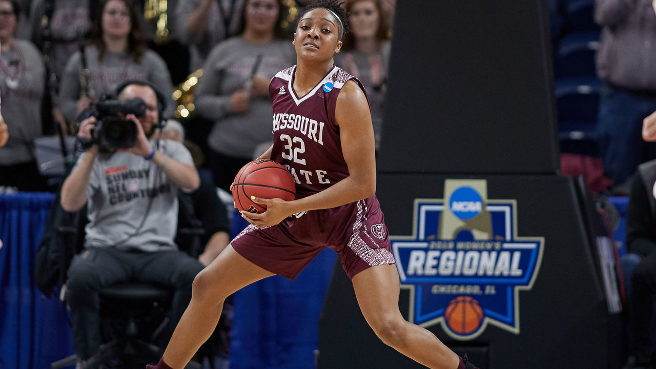 CHICAGO, IL - MARCH 30: Missouri State Lady Bears forward Jasmine Franklin (32) handles the ball in game action during the Women's NCAA Division I Championship - Third Round game between the Missouri State Lady Bears and the Stanford Cardinal on March 30, 2019 at the Wintrust Arena in Chicago, IL.