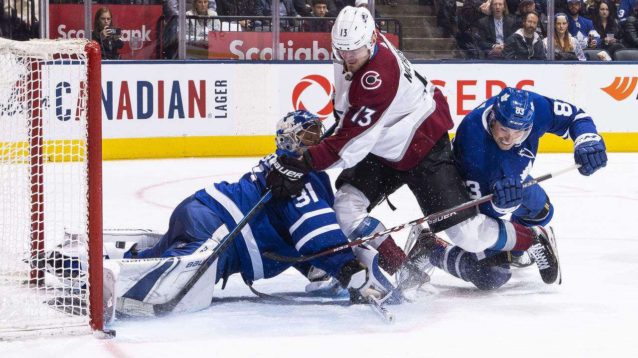 TORONTO, ON - DECEMBER 4: Frederik Andersen #31 of the Toronto Maple Leafs makes a save as Cody Ceci #83 battles against Valeri Nichushkin #13 of the Colorado Avalanche during the second period at the Scotiabank Arena on December 4, 2019 in Toronto, Ontario, Canada.