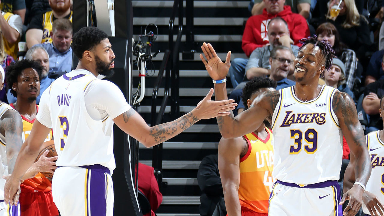 SALT LAKE CITY, UT - DECEMBER 4: Dwight Howard #39 of the Los Angeles Lakers high fives teammate, Anthony Davis #3 during the game against the Utah Jazz on December 4, 2019 at vivint.SmartHome Arena in Salt Lake City, Utah. Mandatory Copyright Notice: Copyright 2019 NBAE
