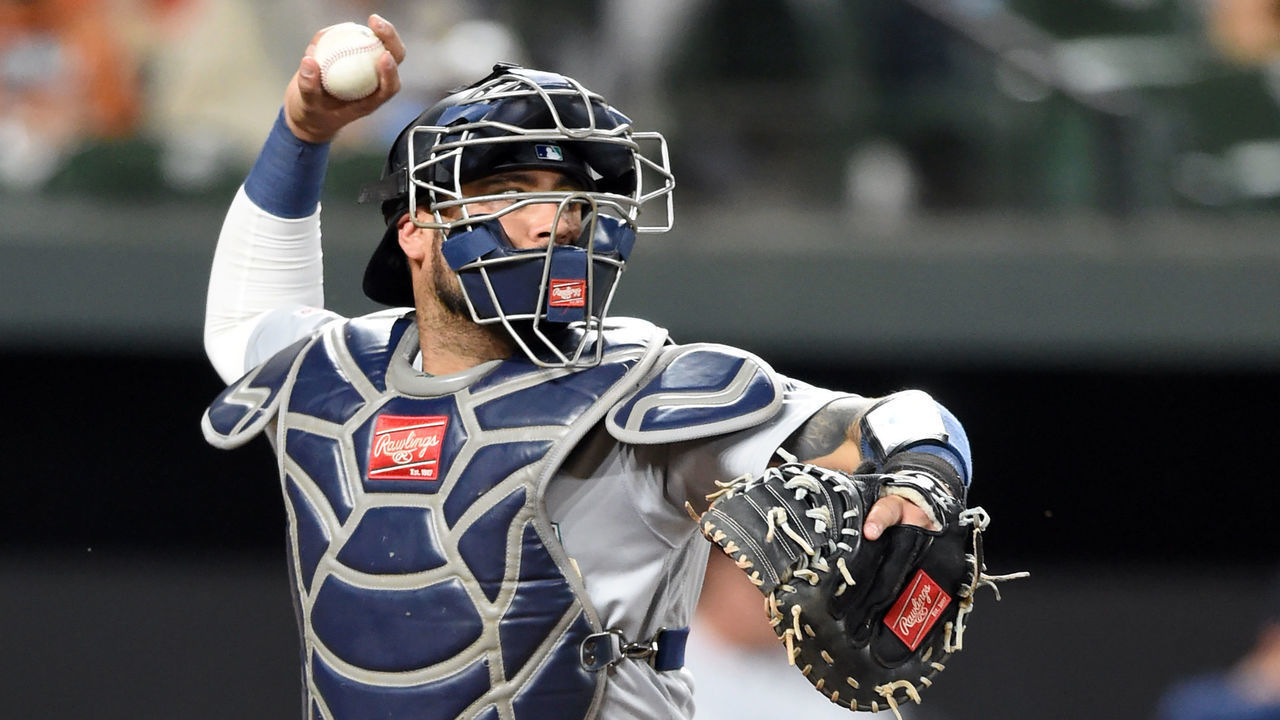 BALTIMORE, MD - SEPTEMBER 20: Omar Narvaez #22 of the Seattle Mariners throws to second base during a baseball game against the Baltimore Orioles at Oriole Park at Camden Yards on September 20, 2019 in Baltimore, Maryland.