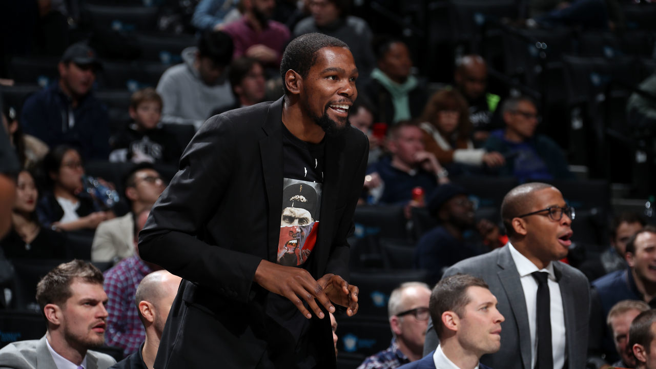 BROOKLYN, NY - NOVEMBER 18: Kevin Durant #7 of the Brooklyn Nets reacts to a play against the Indiana Pacers on November 18, 2019 at Barclays Center in Brooklyn, New York. Mandatory Copyright Notice: Copyright 2019 NBAE