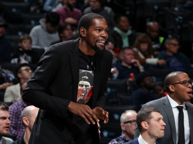 BROOKLYN, NY - NOVEMBER 18: Kevin Durant #7 of the Brooklyn Nets reacts to a play against the Indiana Pacers on November 18, 2019 at Barclays Center in Brooklyn, New York. Mandatory Copyright Notice: Copyright 2019 NBAE