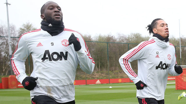 MANCHESTER, ENGLAND - MARCH 08: (EXCLUSIVE COVERAGE) Romelu Lukaku and Chris Smalling of Manchester United in action during a training session at Aon Training Complex on March 08, 2019 in Manchester, England.