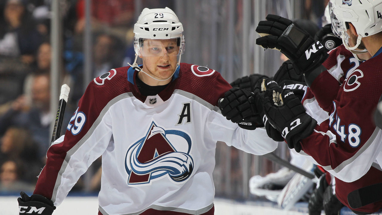 TORONTO, ON - DECEMBER 4: Nathan MacKinnon #29 of the Colorado Avalanche celebrates a goal against the Toronto Maple Leafs during an NHL game at Scotiabank Arena on December 4, 2019 in Toronto, Ontario, Canada.