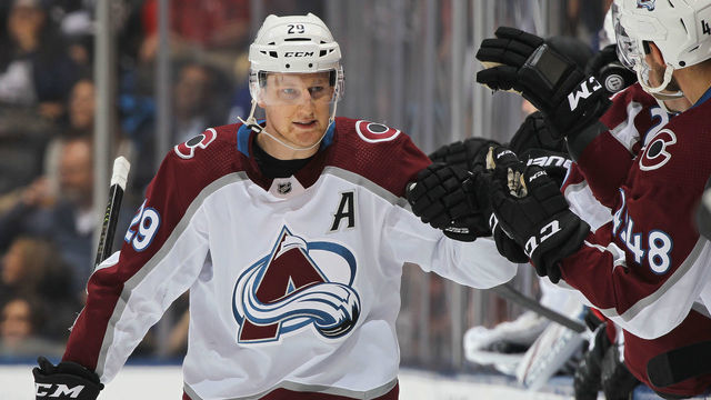 TORONTO, ON - DECEMBER 4: Nathan MacKinnon #29 of the Colorado Avalanche celebrates a goal against the Toronto Maple Leafs during an NHL game at Scotiabank Arena on December 4, 2019 in Toronto, Ontario, Canada.