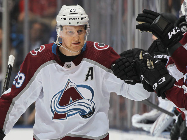 TORONTO, ON - DECEMBER 4: Nathan MacKinnon #29 of the Colorado Avalanche celebrates a goal against the Toronto Maple Leafs during an NHL game at Scotiabank Arena on December 4, 2019 in Toronto, Ontario, Canada.
