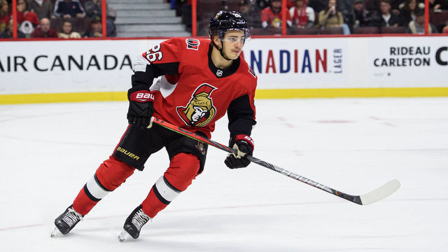 OTTAWA, ON - NOVEMBER 09: Ottawa Senators Defenceman Erik Brannstrom (26) skates during the first period of the NHL game between the Ottawa Senators and the Carolina hurricanes on Nov. 9, 2019 at the Canadian Tire Centre in Ottawa, Ontario, Canada.
