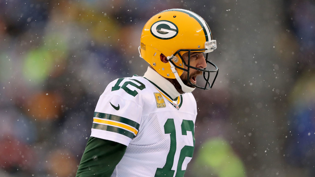 EAST RUTHERFORD, NEW JERSEY - DECEMBER 01: Aaron Rodgers #12 of the Green Bay Packers celebrates his touchdown pass to teammate Allen Lazard in the first quarter against the New York Giants at MetLife Stadium on December 01, 2019 in East Rutherford, New Jersey.