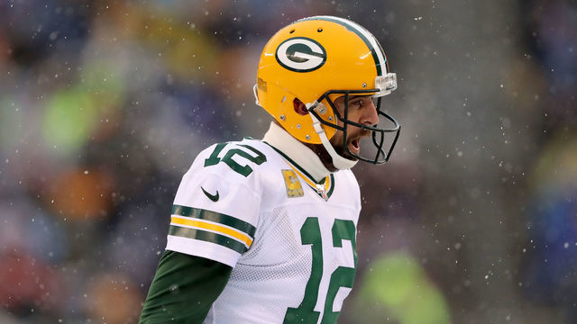 EAST RUTHERFORD, NEW JERSEY - DECEMBER 01: Aaron Rodgers #12 of the Green Bay Packers celebrates his touchdown pass to teammate Allen Lazard in the first quarter against the New York Giants at MetLife Stadium on December 01, 2019 in East Rutherford, New Jersey.