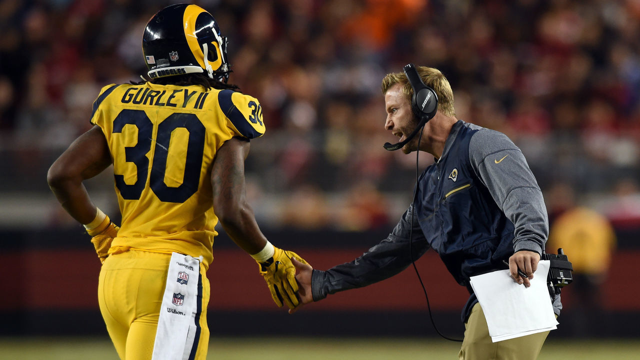 SANTA CLARA, CA - SEPTEMBER 21: Rams head coach Sean McVay celebrates wth Los Angeles Rams Running Back Todd Gurley (30) during an NFL game between the Los Angeles Rams and the San Francisco 49ers on September 21, 2017 at Levi's Stadium in Santa Clara, CA.