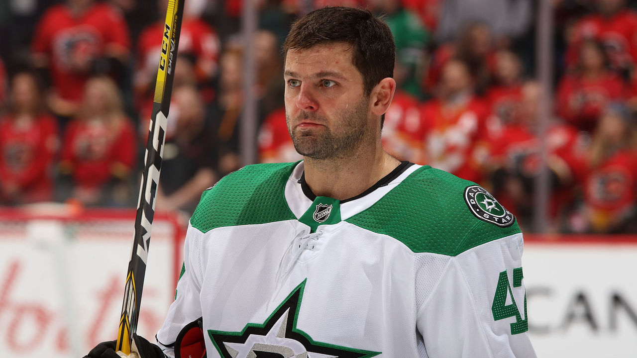 CALGARY, AB - NOVEMBER 13: Alexander Radulov #47 of the Dallas Stars stands for the anthems against the Calgary Flames at Scotiabank Saddledome on November 13, 2019 in Calgary, Alberta, Canada.
