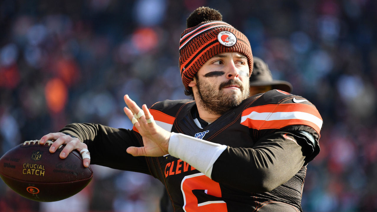 CLEVELAND, OH - NOVEMBER 24: Quarterback Baker Mayfield #6 of the Cleveland Browns warms up before a game against the Miami Dolphins at FirstEnergy Stadium on November 24, 2019 in Cleveland, Ohio.