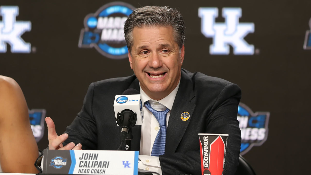 KANSAS CITY, MO - MARCH 29: Kentucky Wildcats head coach John Calipari in the post game press conference after an NCAA Midwest Regional Sweet Sixteen game between the Houston Cougars and Kentucky Wildcats on March 29, 2019 at Sprint Center in Kansas City, MO. Kentucky won 62-58.