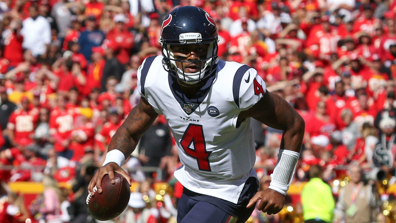 KANSAS CITY, MO - OCTOBER 13: Houston Texans quarterback Deshaun Watson (4) rolls out and runs for a 3-yard touchdown with 16 seconds left in the second quarter of an NFL matchup between the Houston Texans and Kansas City Chiefs on October 13, 2019 at Arrowhead Stadium in Kansas City, MO.