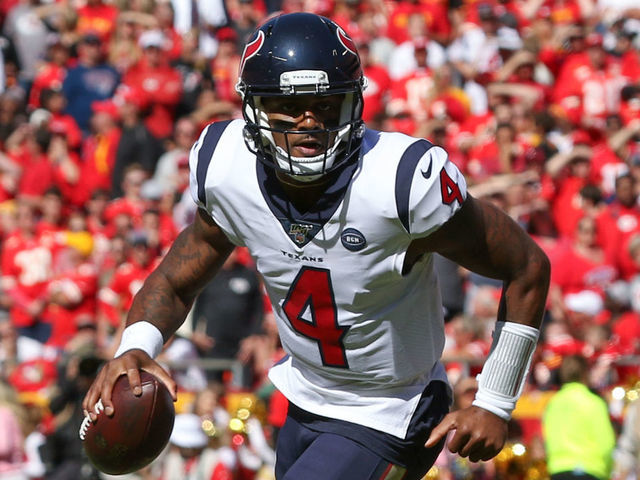 KANSAS CITY, MO - OCTOBER 13: Houston Texans quarterback Deshaun Watson (4) rolls out and runs for a 3-yard touchdown with 16 seconds left in the second quarter of an NFL matchup between the Houston Texans and Kansas City Chiefs on October 13, 2019 at Arrowhead Stadium in Kansas City, MO.