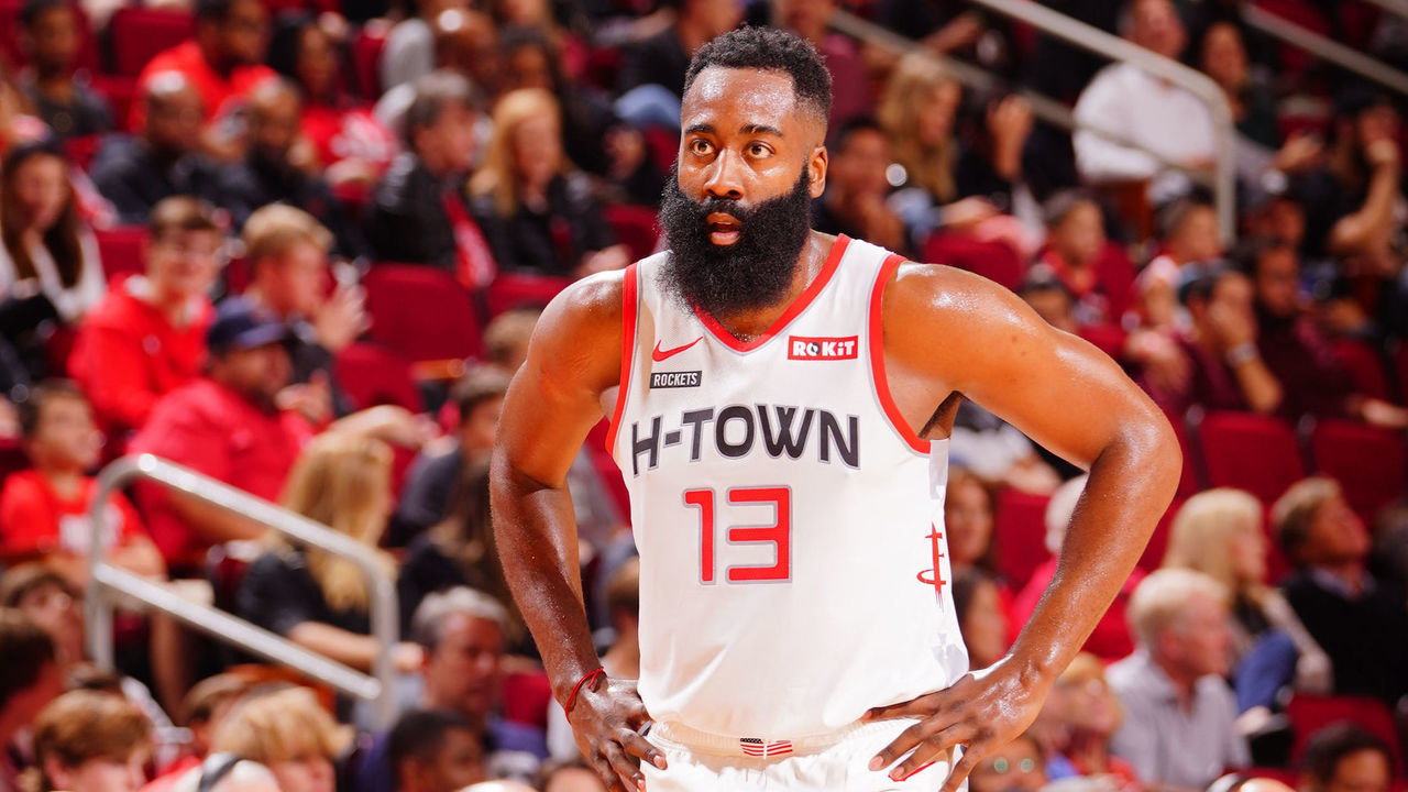 HOUSTON, TX - NOVEMBER 30: James Harden #13 of the Houston Rockets looks on against the Atlanta Hawks on November 30, 2019 at the Toyota Center in Houston, Texas. Mandatory Copyright Notice: Copyright 2019 NBAE