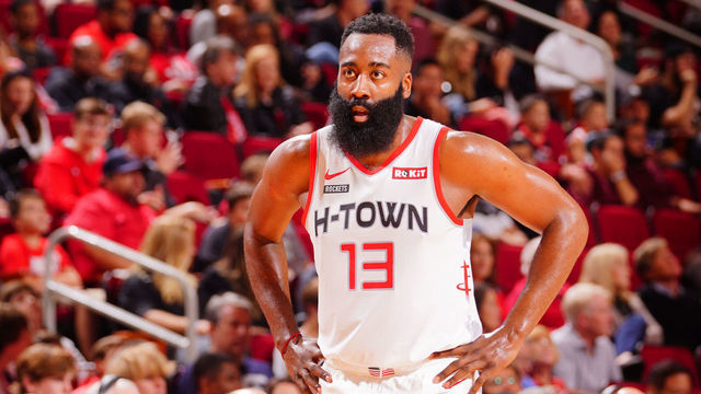 HOUSTON, TX - NOVEMBER 30: James Harden #13 of the Houston Rockets looks on against the Atlanta Hawks on November 30, 2019 at the Toyota Center in Houston, Texas. Mandatory Copyright Notice: Copyright 2019 NBAE